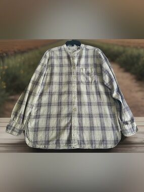 L.L.Bean Women Sz Medium Plaid Collarless Button Down 💯Cotton Shirt Top Long SL